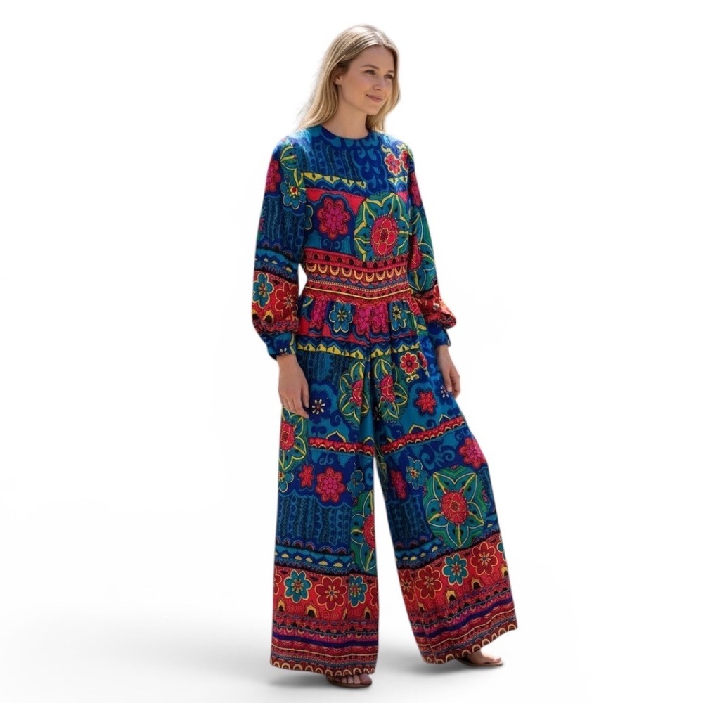 Vintage Leland of California Jumpsuit Psychedelic Floral Wide Leg Blue Red M